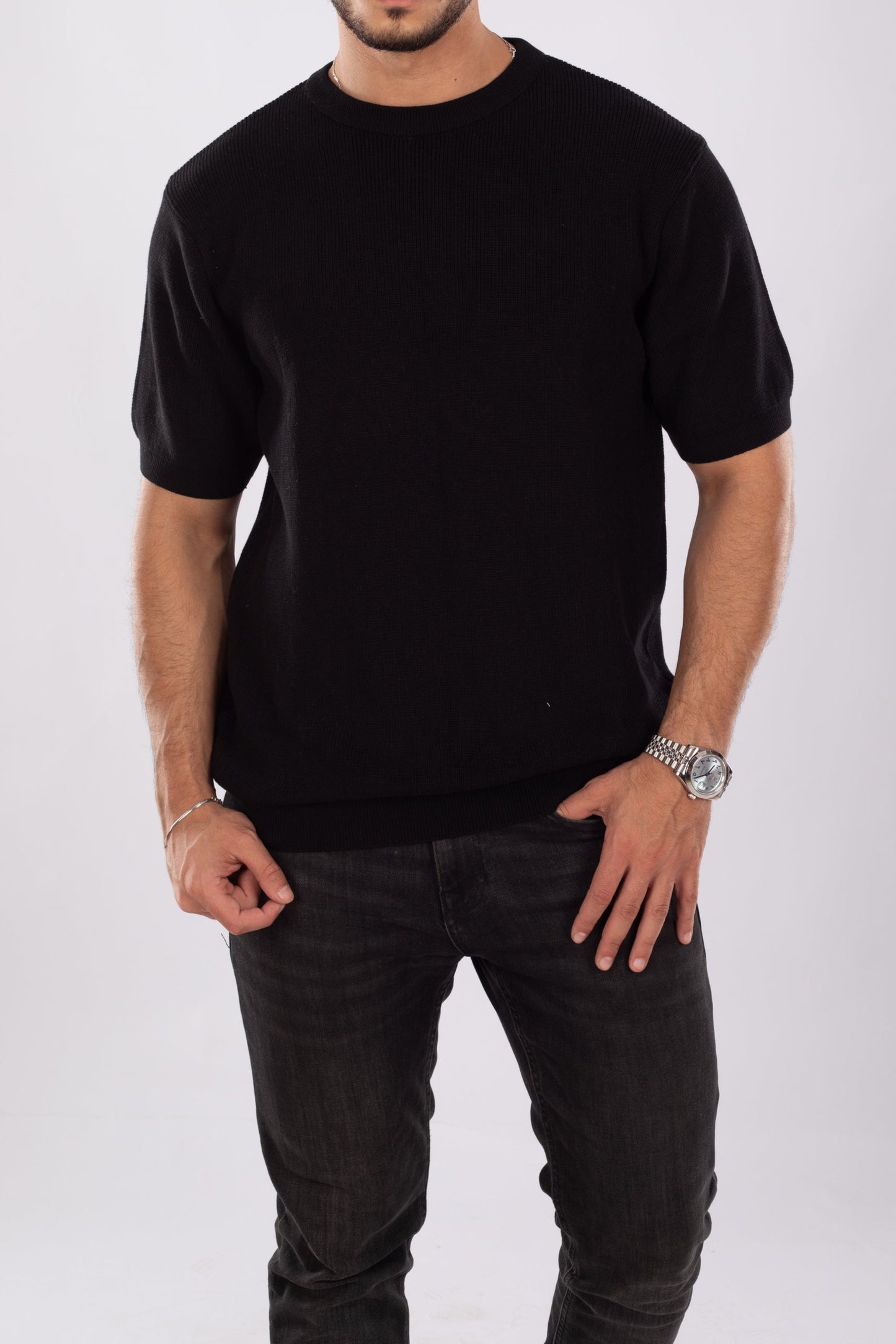 Black Round Neck Knit T-shirt