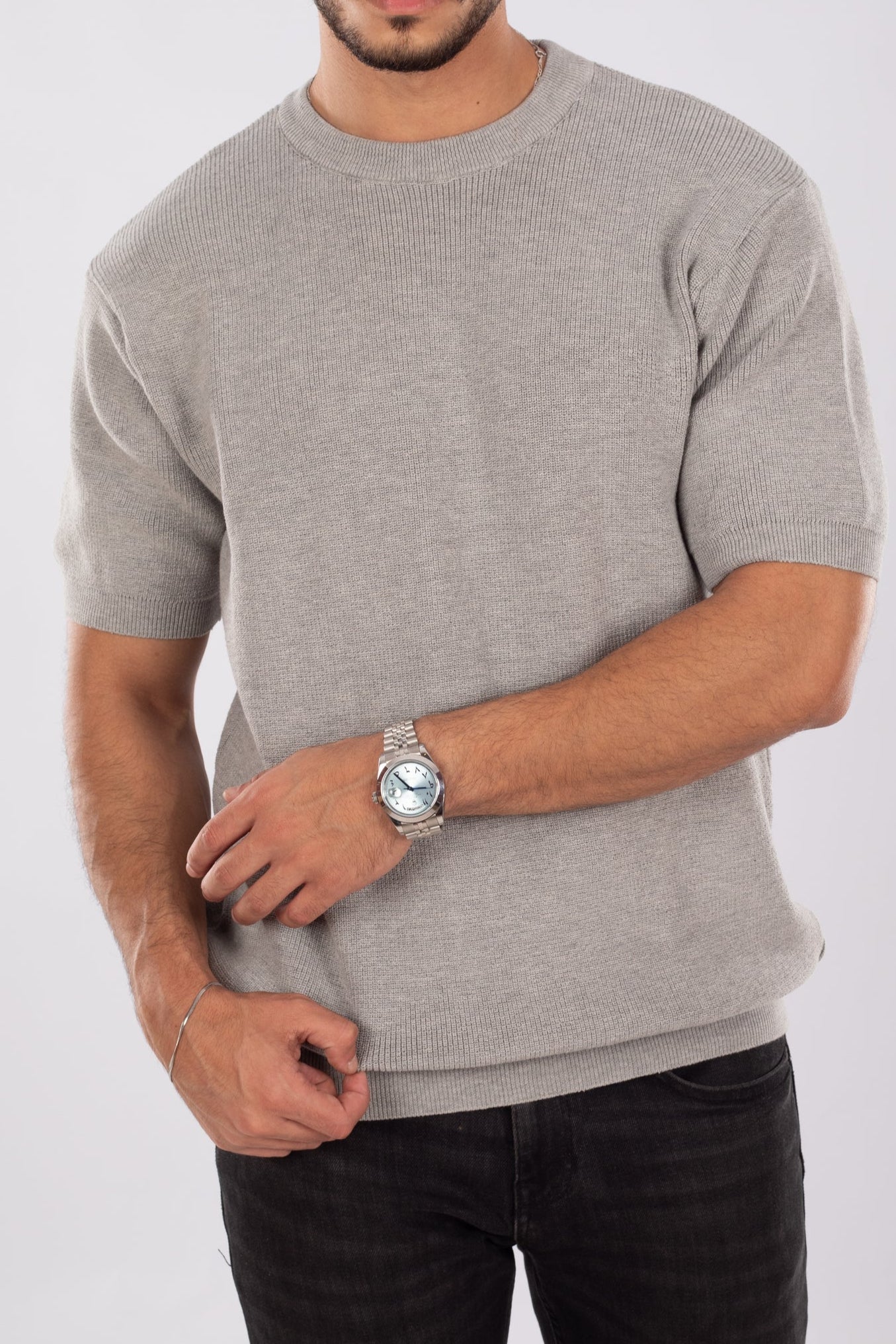 Grey Round Neck Knit T-shirt