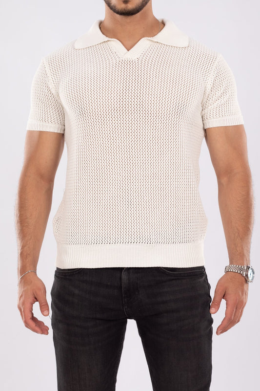 White Gridon Knit Polo Shirt